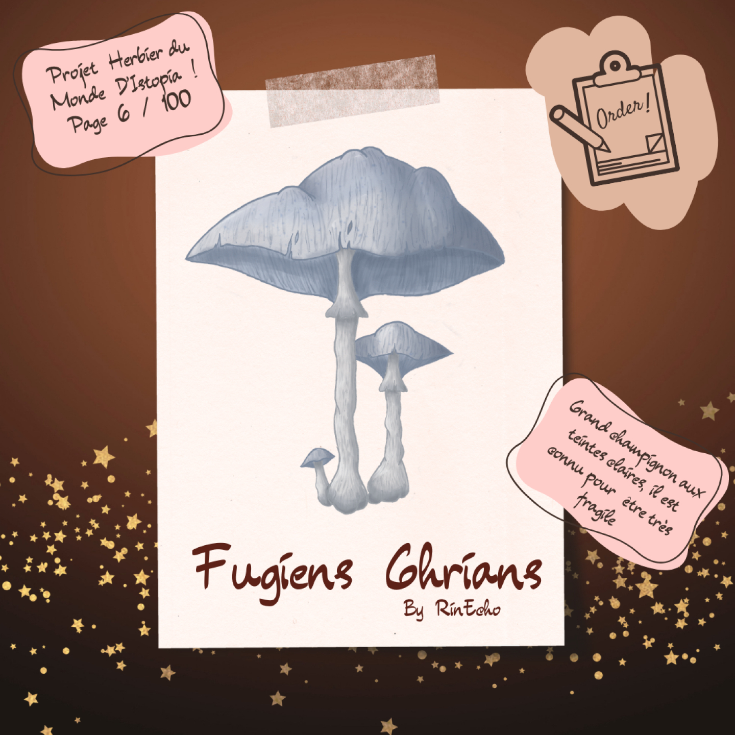 Le Fugiens Ghrians est un champignon qui peut croître jusqu'à 90 centimètres de diamètre. Sa teinte est un gris clair, résultat du fait qu'il ne pousse qu'en profondeur dans les montagnes d'Istopia et non à l'air libre. Il est réputé pour sa fragilité et sa grande délicatesse.
*
*
*
*
*
#Herbier #Commande #LeMondedIstopia #JeuxdeRôle #JDR #Original #UniversOriginal #AquarelleDigitale #FusainDigital #Esquisse #Istopia #ArtNumerique #Design #DigitalArt #SurMesure #RinEcho #RinEchoIllus #Illustrations