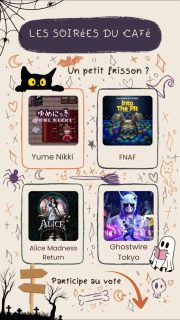 👻 Un petit frisson pour accompagner votre café ? ☕
Les Soirées du Café passent aussi par une soirée spéciale Horreur & Frissons, et c'est à
vous de choisir quelle aventure nous vivrons ensemble ! 🎮
Plutôt rêve étrange, enquête paranormale, conte sombre ou animatroniques inquiétants...
quelle sera votre prochaine destination ? 👀
Votez pour votre favori et retrouvons-nous sur Twitch pour découvrir le résultat ! 🖤
#CafeCreatif #TwitchFR #HorrorGaming #GamingCommunity #ChoisisLaventure