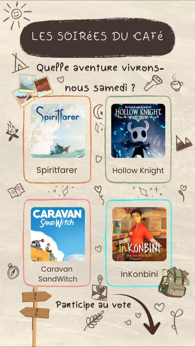 ☕ À vous de décider de la prochaine aventure ! 🎮
Les Soirées du Café passent à un système de thèmes, et le premier jeu se choisit avec vous
!
Votez pour votre favori et retrouvons-nous samedi sur Twitch. 💛🌿
#CafeCreatif #TwitchFR #GamingFR #CozyVibes #LetsPlay